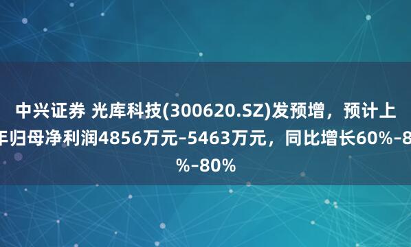 中兴证券 光库科技(300620.SZ)发预增，预计上半年归母净利润4856万元–5463万元，同比增长60%–80%
